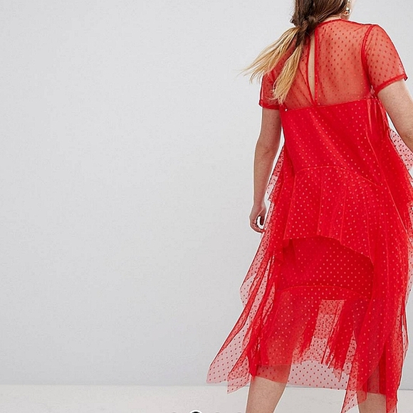 ASOS Dobby Mesh Midi Tshirt Dress withLayered Ruffles red color - Picture 3 of 8
